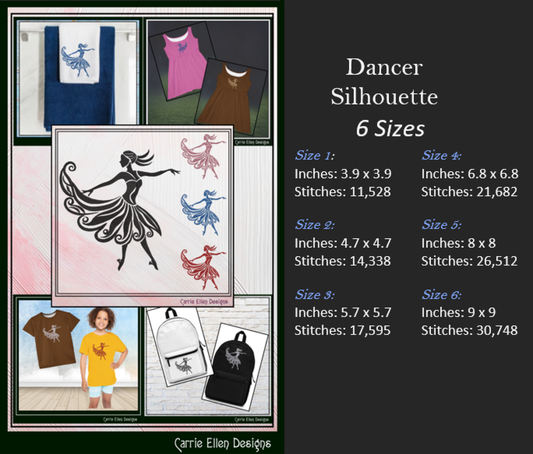 Artistic Dancer Silhouette Machine Embroidery Design | Elegant Dancer Pattern, 6 Sizes (3594)