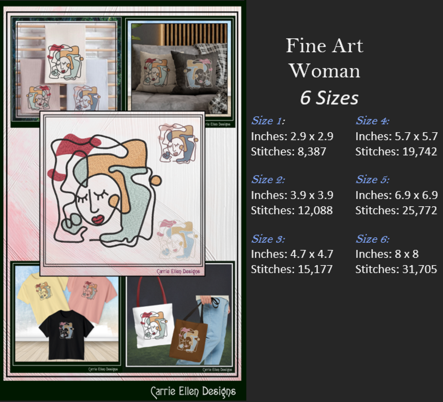 Woman Face Machine Embroidery Design – Fine Art Lady Face Outline Pattern, Picasso Inspired Modern Art Style, 6 Sizes (3616)
