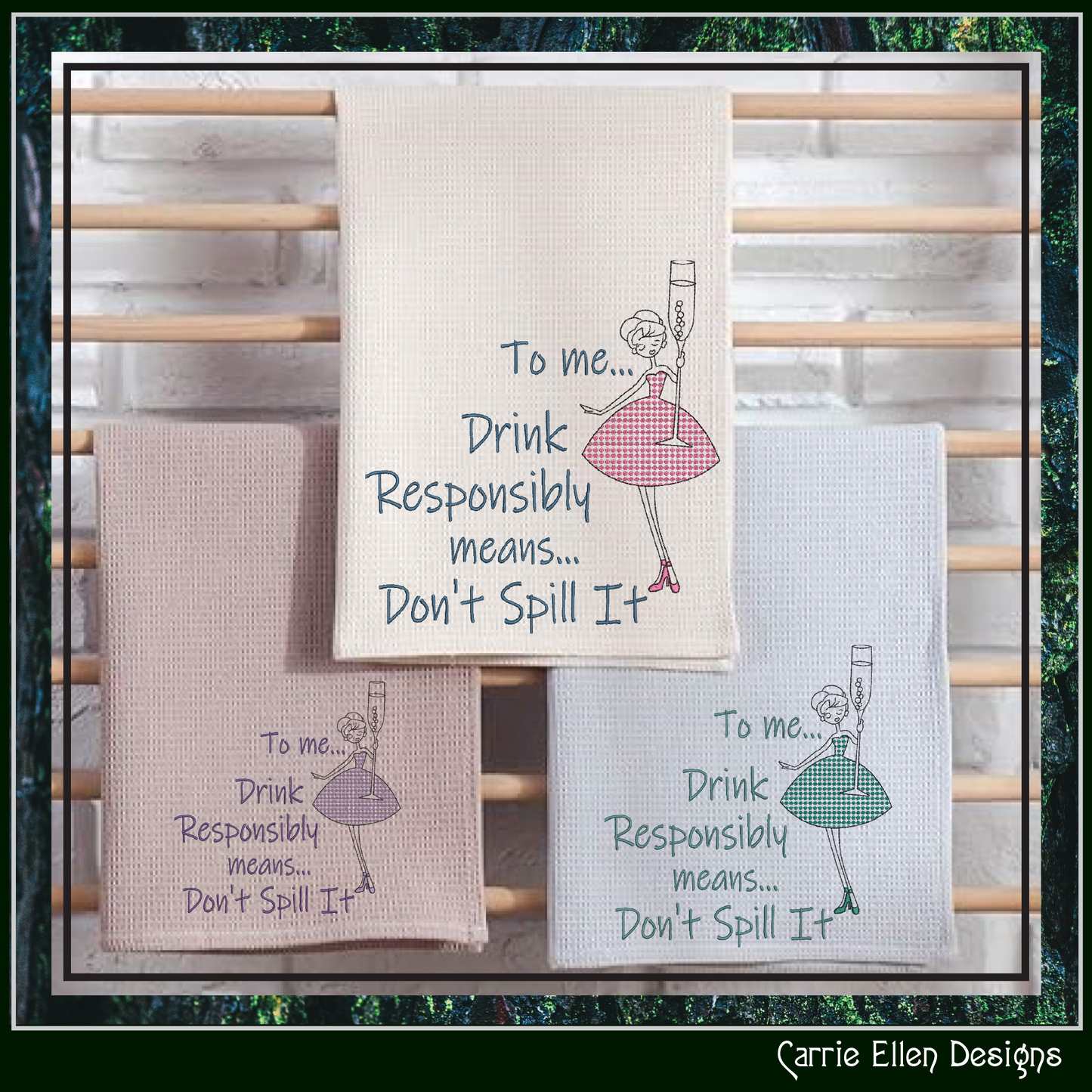 Drink Responsibly Don’t Spill It Machine Embroidery Design – Funny Alcohol Quote Pattern, Champagne Glass, 6 Sizes (3617)