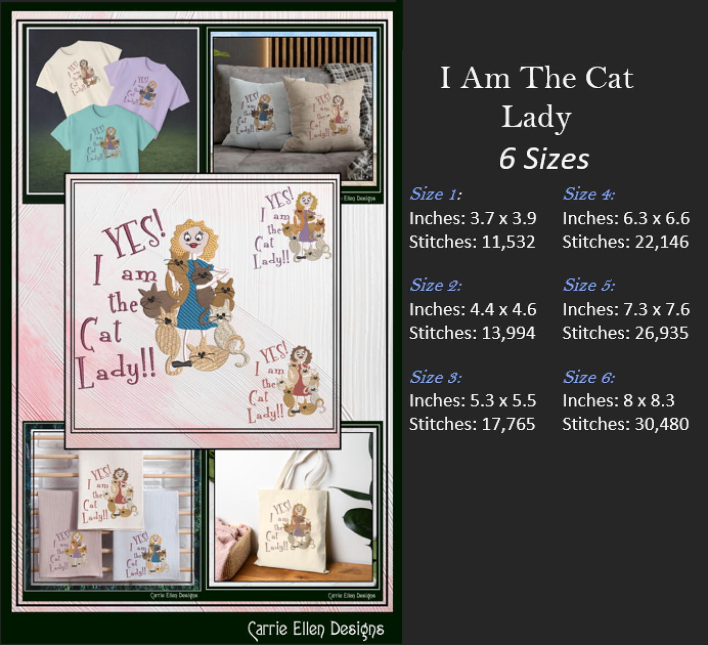 Yes, I Am The Cat Lady Machine Embroidery Design – Funny Cat Lover Quote Pattern, 6 Sizes (3629)