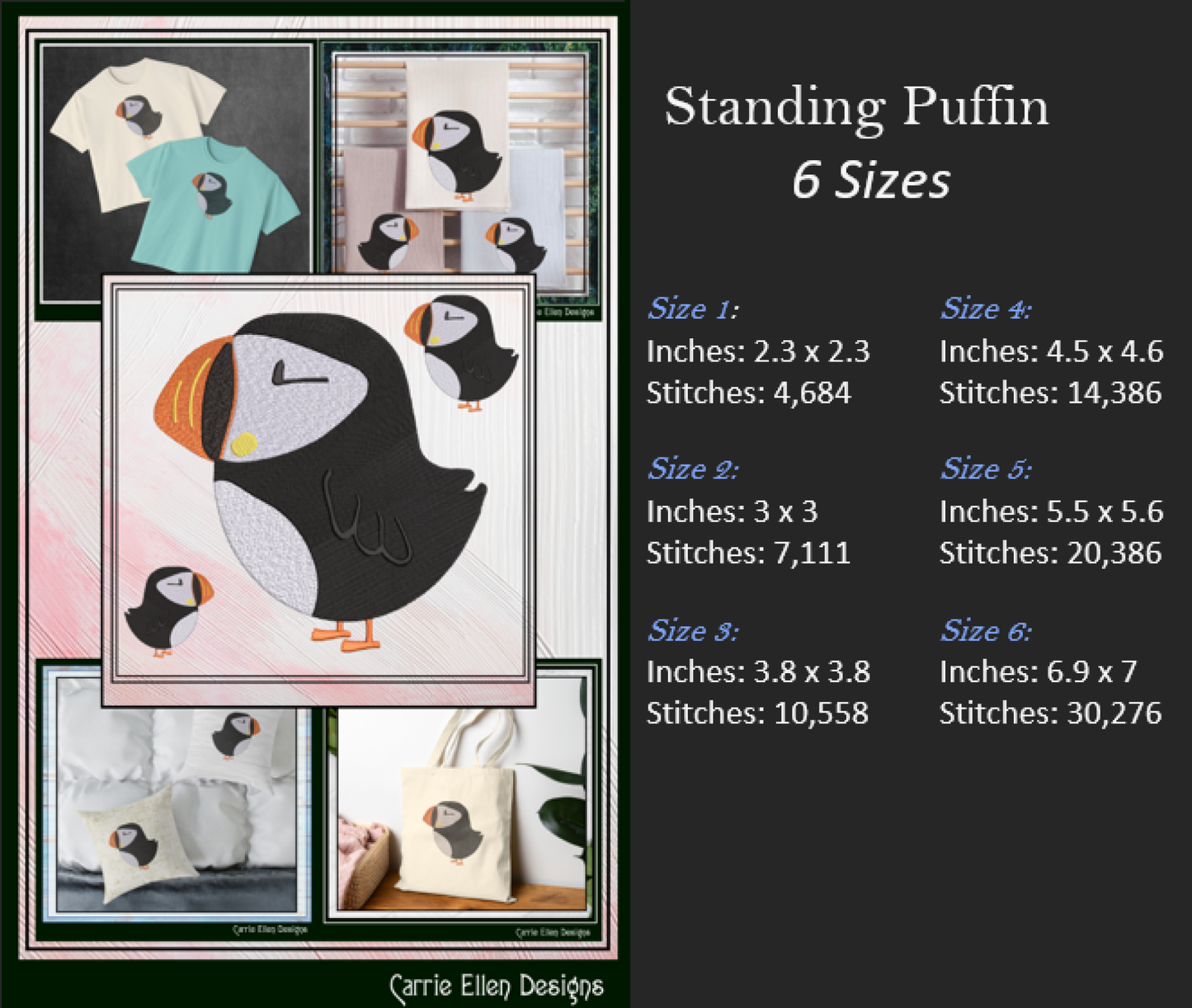 Puffin Bird Standing Machine Embroidery Design – Seabird Wildlife Pattern, 6 Sizes (3632)