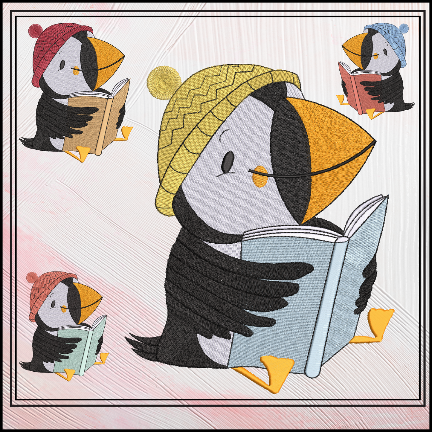 Puffin Bird Reading Machine Embroidery Design – Cute Book Lover Seabird Pattern, 6 Sizes (3633)