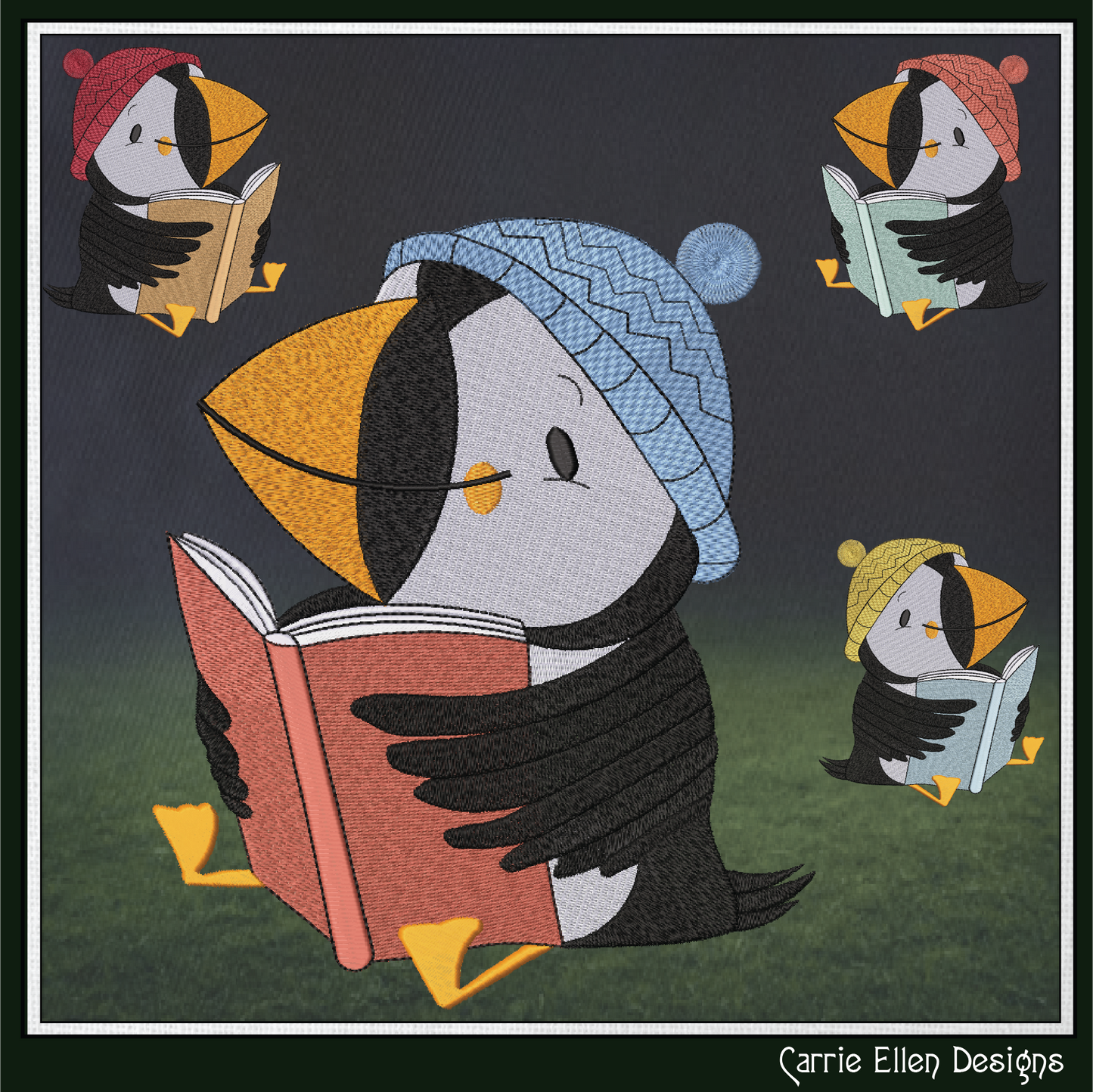 Puffin Bird Reading Machine Embroidery Design – Cute Book Lover Seabird Pattern, 6 Sizes (3633)