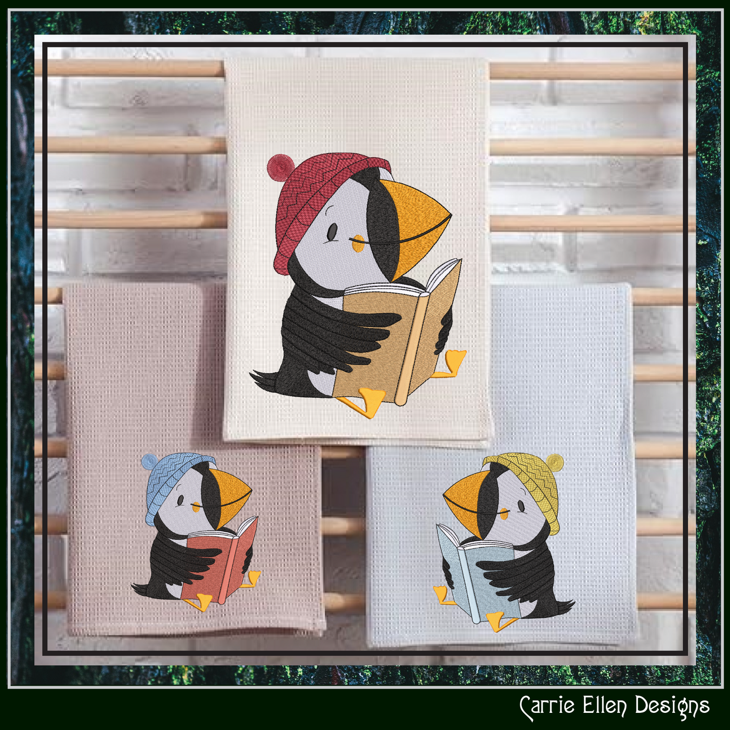 Puffin Bird Reading Machine Embroidery Design – Cute Book Lover Seabird Pattern, 6 Sizes (3633)