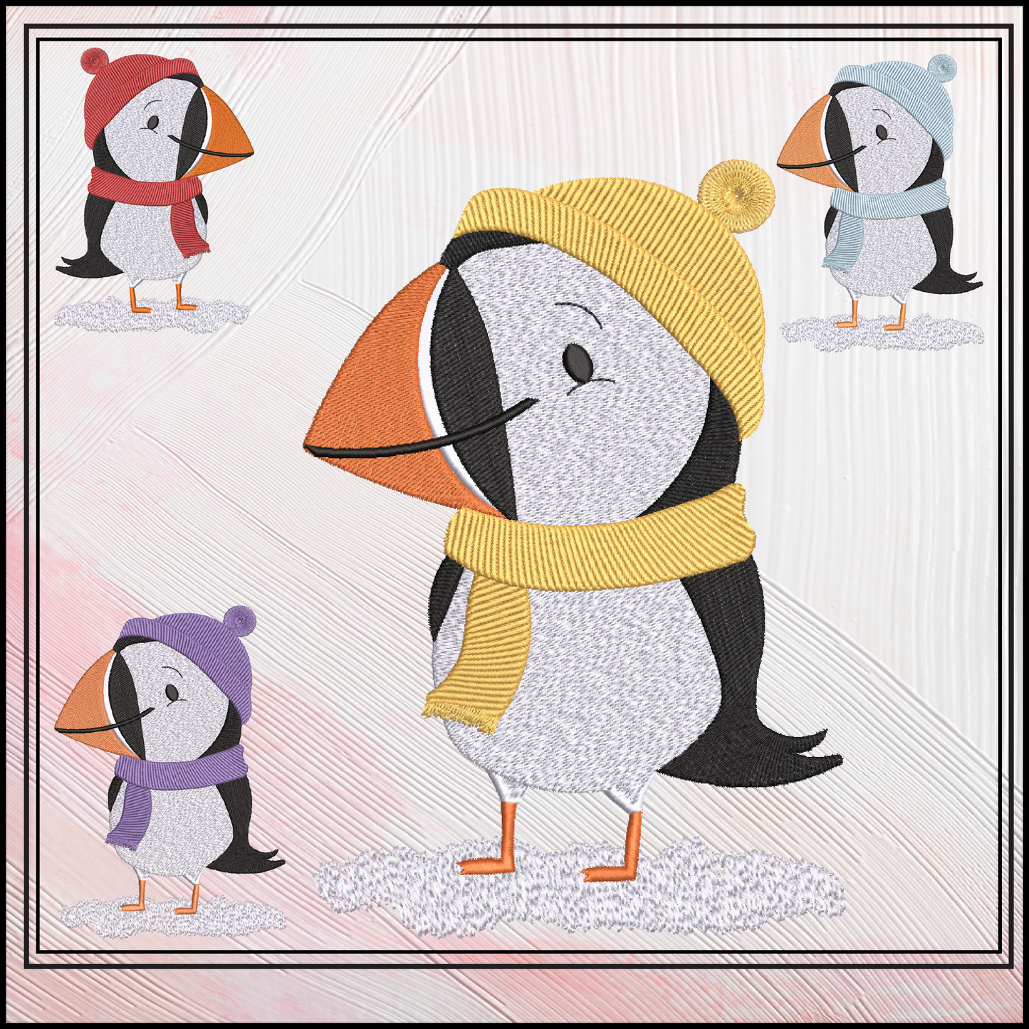 Puffin Bird Dresses for Winter Machine Embroidery Design – Cute Seabird in Winter Clothes, 6 Sizes (3634)