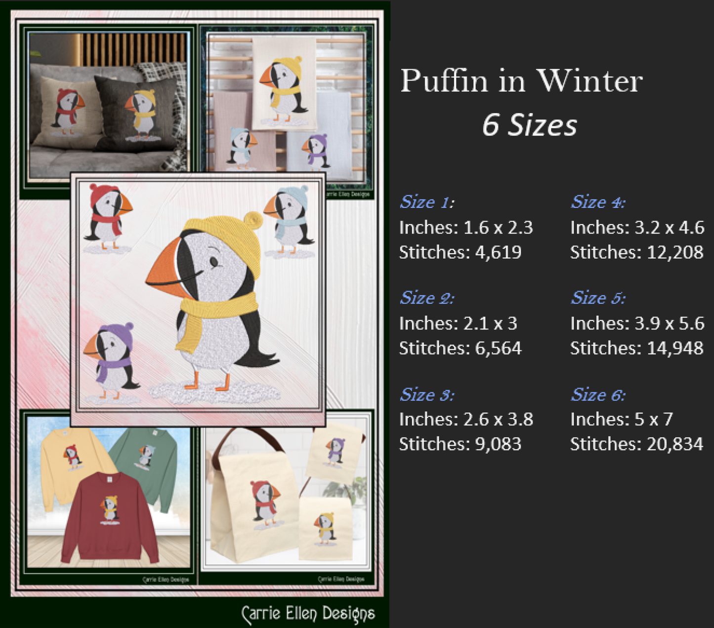 Puffin Bird Dresses for Winter Machine Embroidery Design – Cute Seabird in Winter Clothes, 6 Sizes (3634)