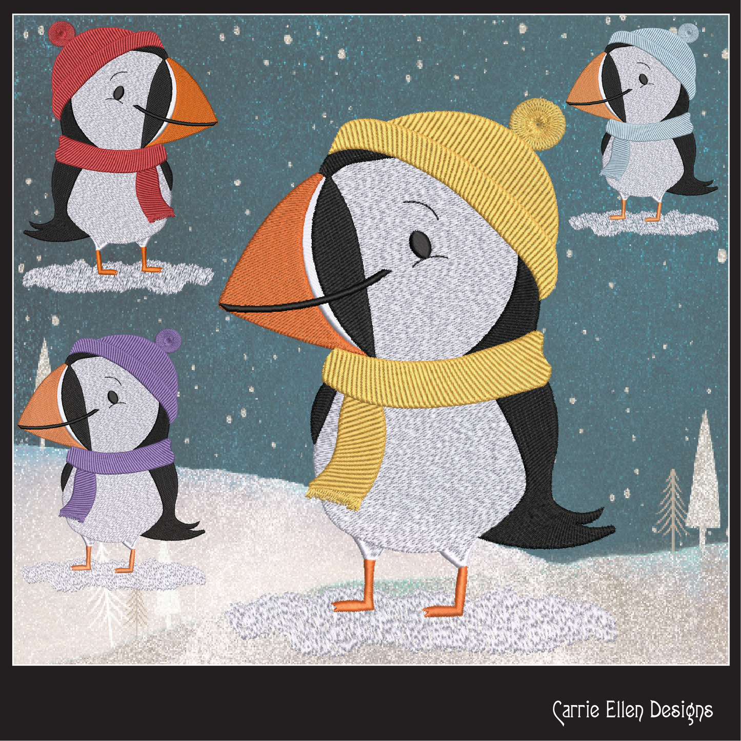 Puffin Bird Dresses for Winter Machine Embroidery Design – Cute Seabird in Winter Clothes, 6 Sizes (3634)