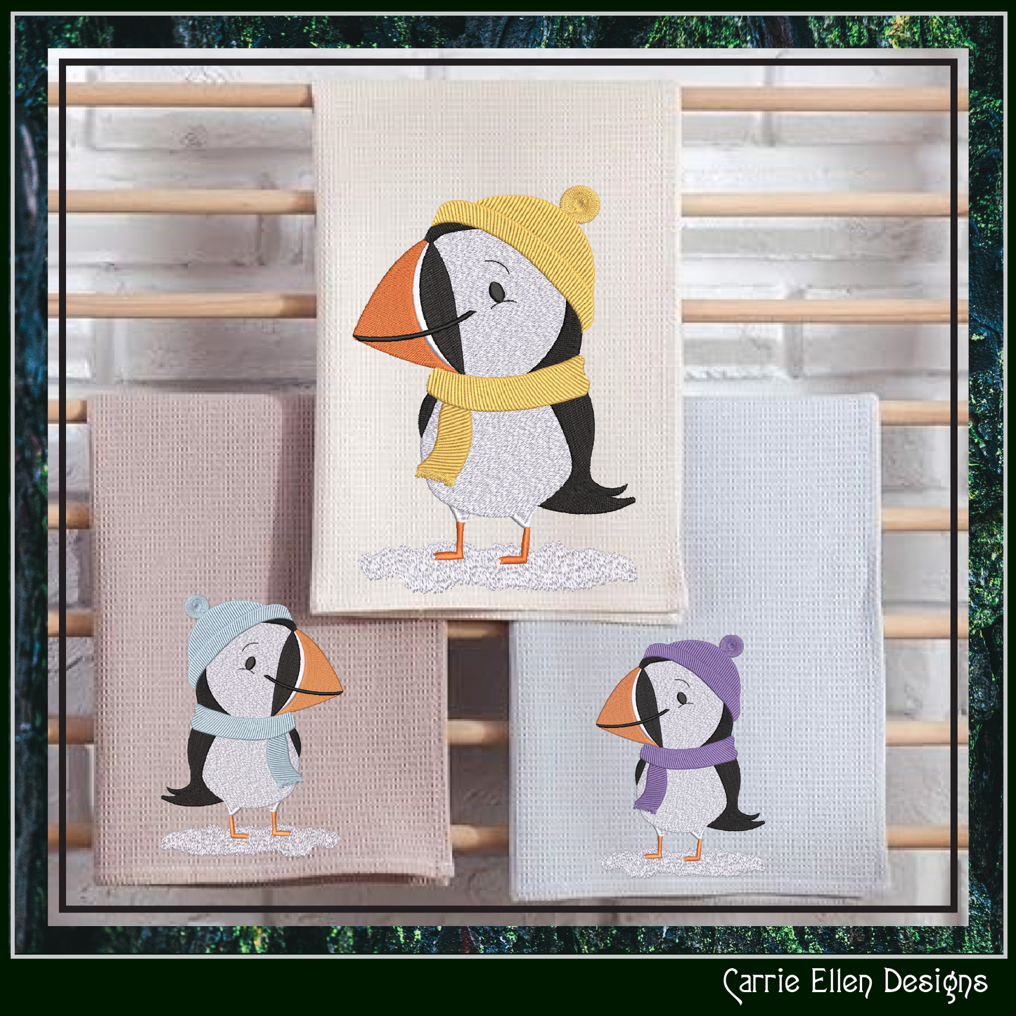 Puffin Bird Dresses for Winter Machine Embroidery Design – Cute Seabird in Winter Clothes, 6 Sizes (3634)