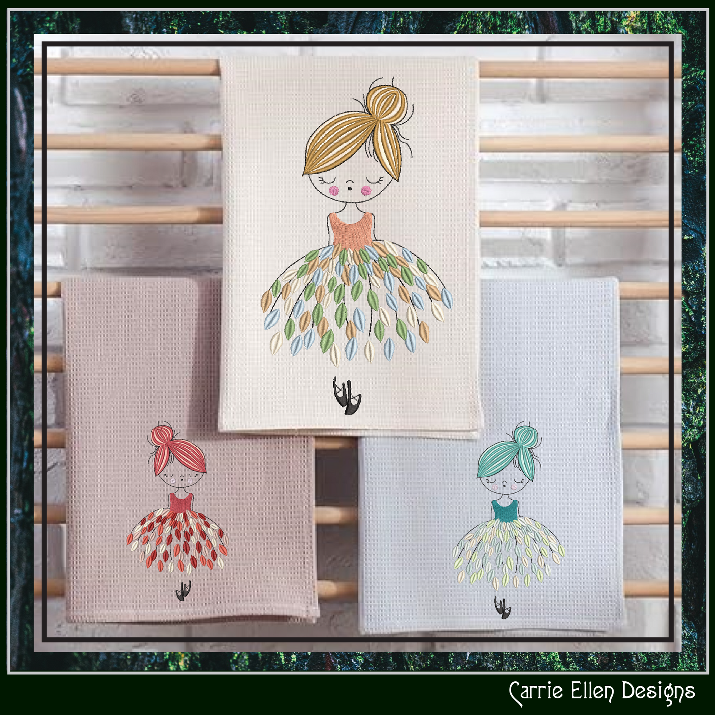 Dancing Ballerina with Dress of Leaves Machine Embroidery Design – Elegant Ballet Silhouette Pattern, 6 Sizes (3636)