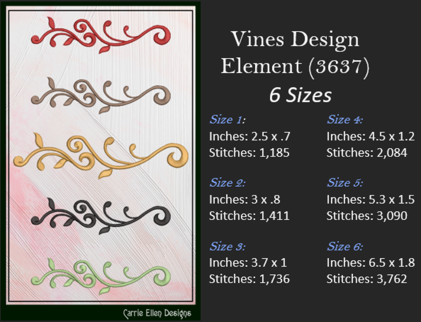 Vine Design Elements Machine Embroidery Design Bundle – 9 Individual Patterns, 6 Sizes Each (3646)