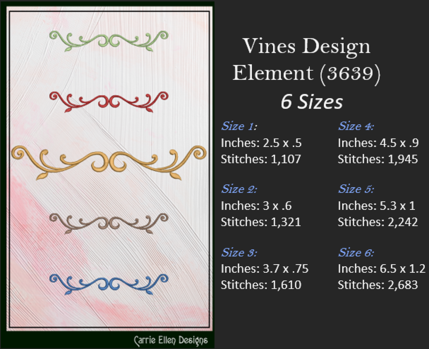 Vine Design Elements Machine Embroidery Design Bundle – 9 Individual Patterns, 6 Sizes Each (3646)