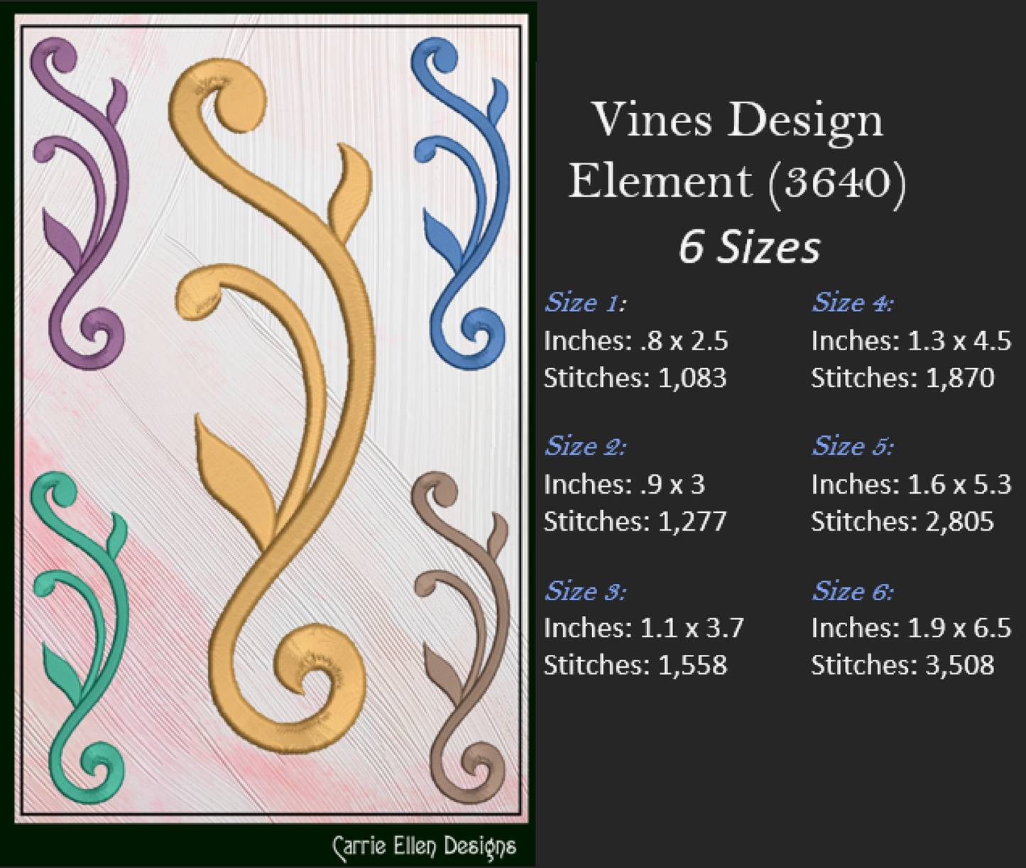Vine Design Elements Machine Embroidery Design Bundle – 9 Individual Patterns, 6 Sizes Each (3646)