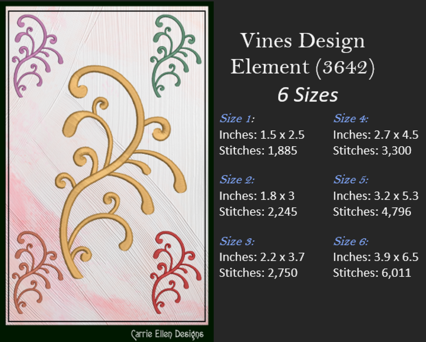 Vine Design Elements Machine Embroidery Design Bundle – 9 Individual Patterns, 6 Sizes Each (3646)