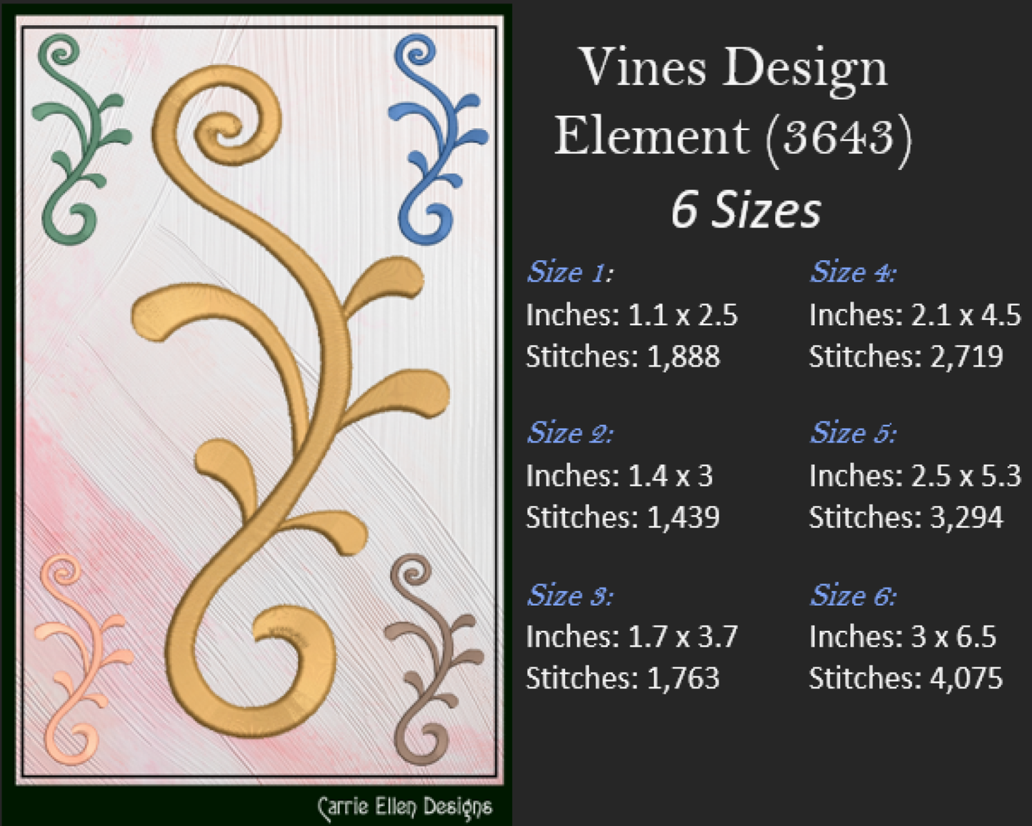 Vine Design Elements Machine Embroidery Design Bundle – 9 Individual Patterns, 6 Sizes Each (3646)
