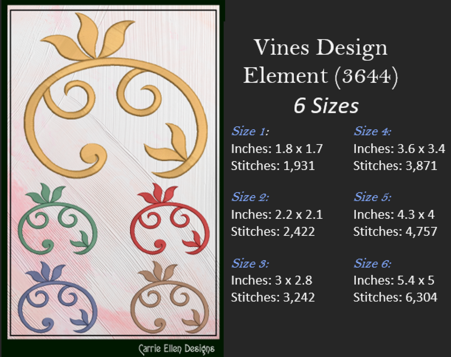 Vine Design Elements Machine Embroidery Design Bundle – 9 Individual Patterns, 6 Sizes Each (3646)