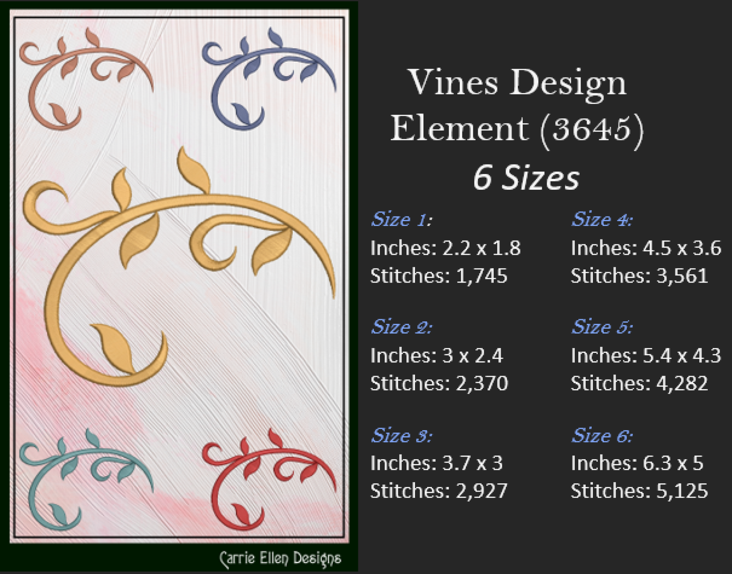 Vine Design Elements Machine Embroidery Design Bundle – 9 Individual Patterns, 6 Sizes Each (3646)