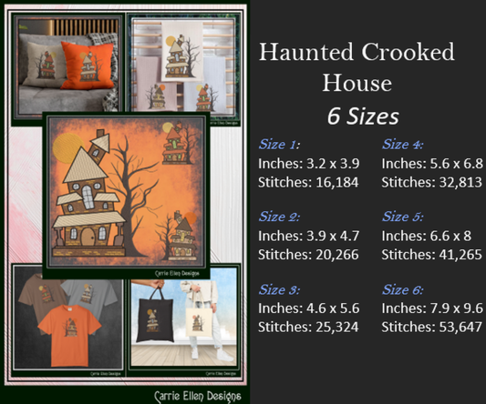 Crooked Haunted House Machine Embroidery Design – Spooky Halloween Pattern, 6 Sizes (3648)