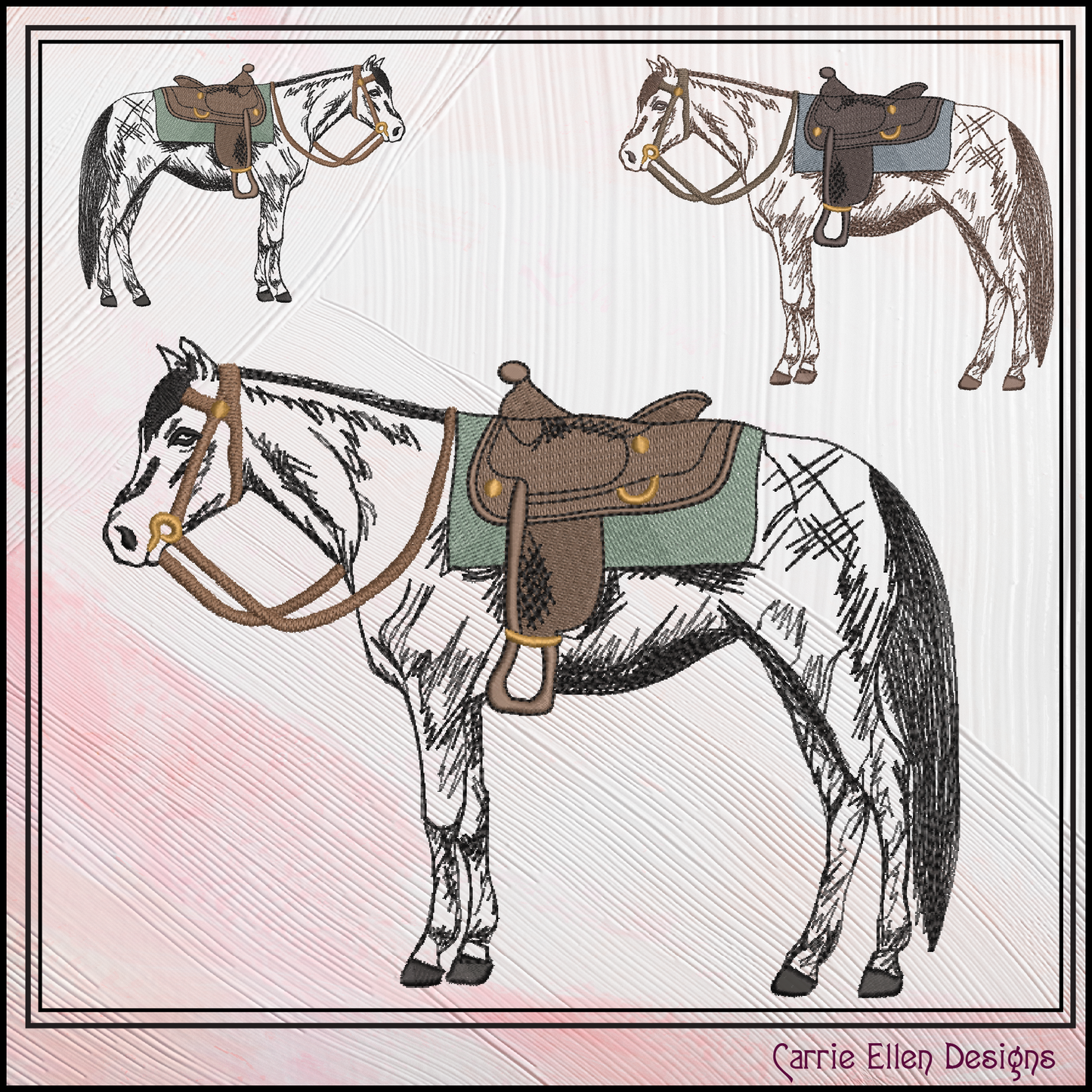 Horse with Saddle Machine Embroidery Sketch Design | Equestrian-Inspired Pattern, 6 Sizes (3662)