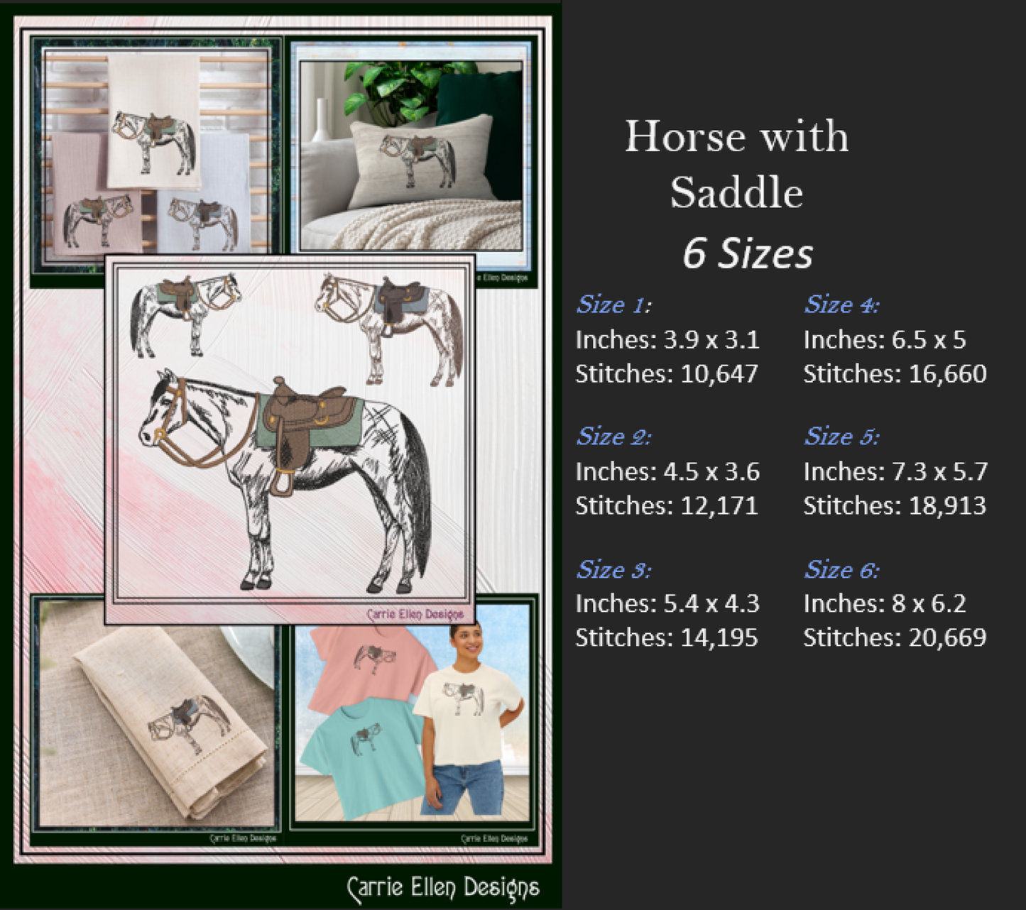 Horse with Saddle Machine Embroidery Sketch Design | Equestrian-Inspired Pattern, 6 Sizes (3662)