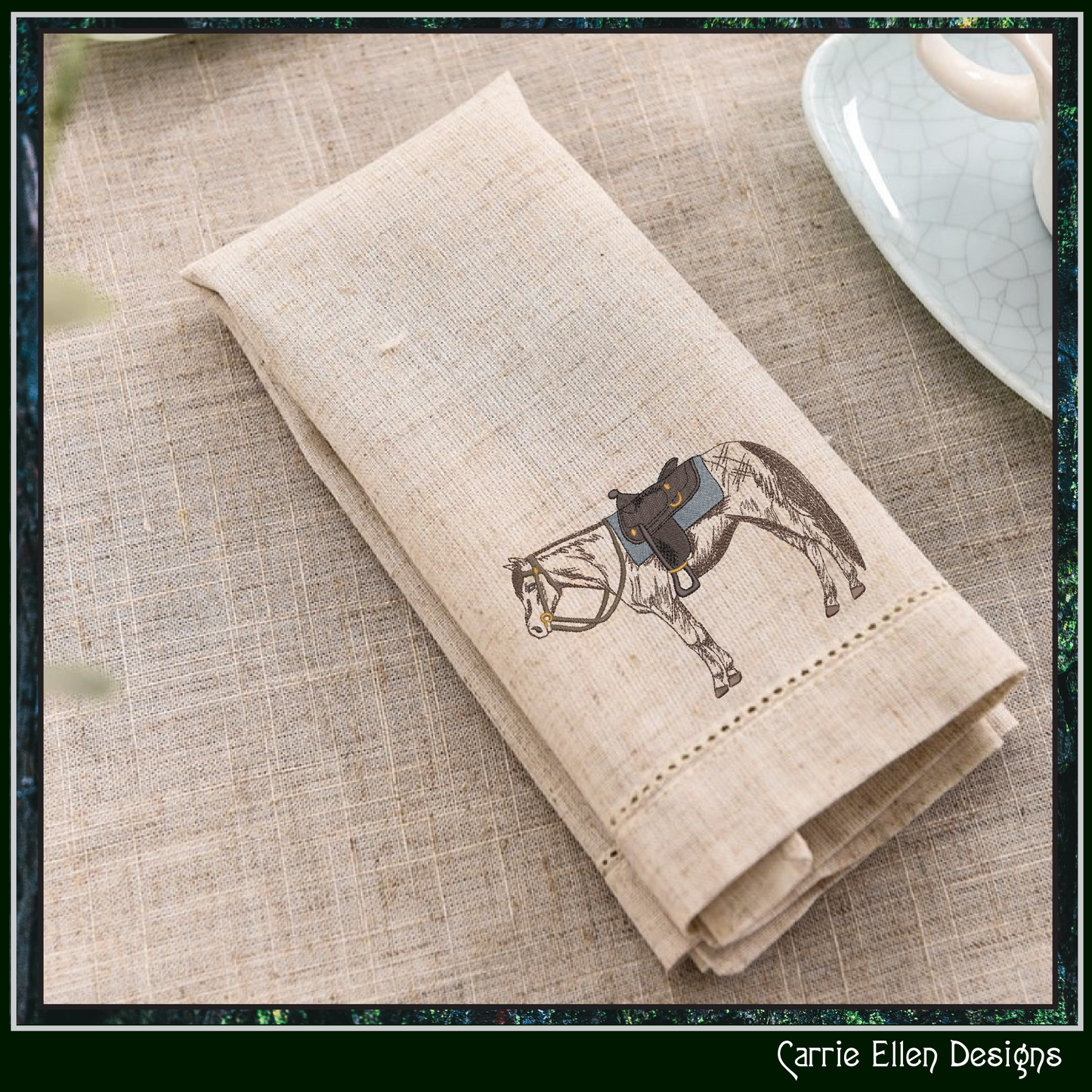 Horse with Saddle Machine Embroidery Sketch Design | Equestrian-Inspired Pattern, 6 Sizes (3662)