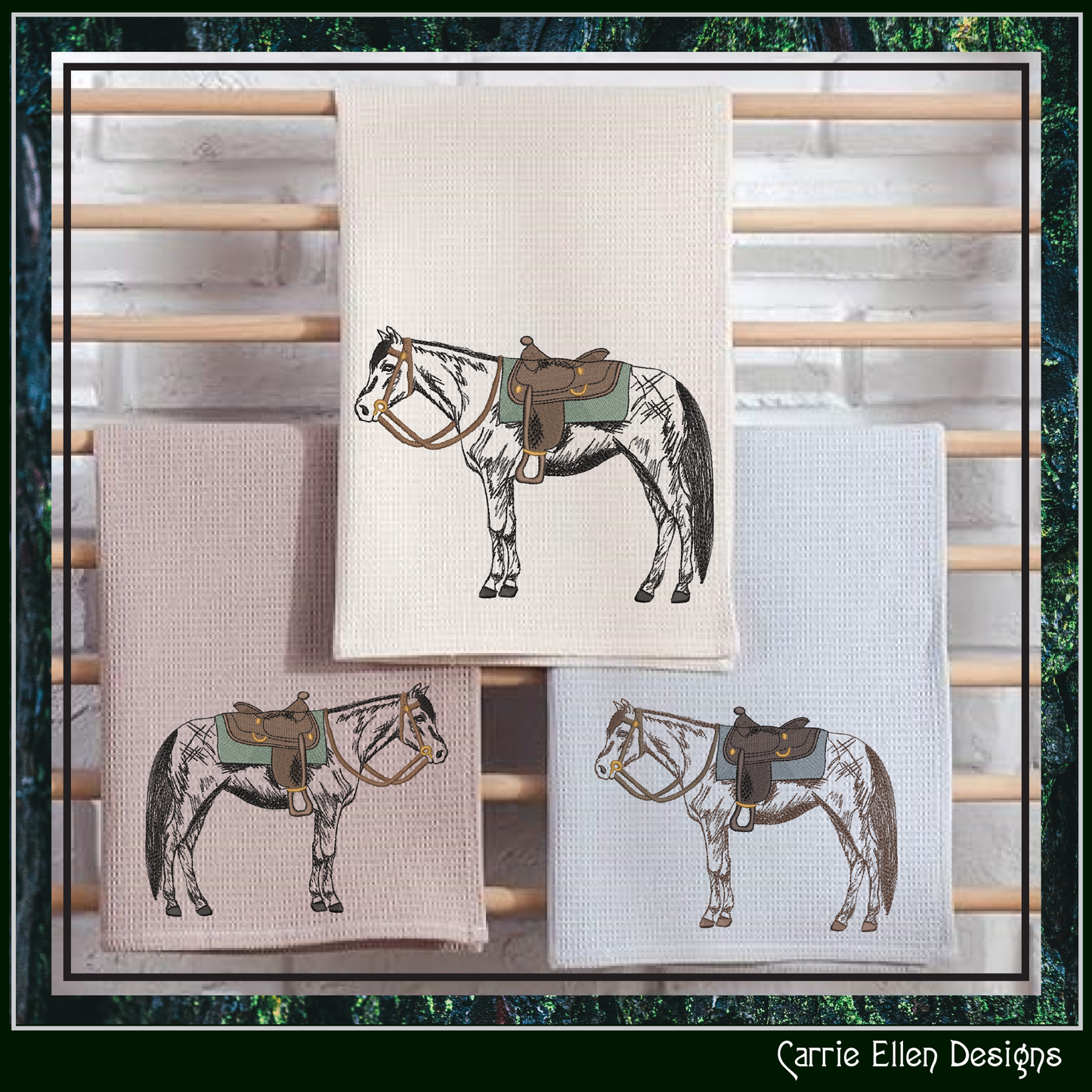 Horse with Saddle Machine Embroidery Sketch Design | Equestrian-Inspired Pattern, 6 Sizes (3662)