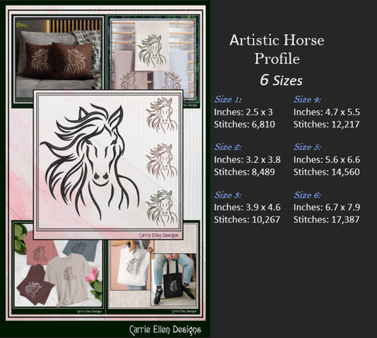 Artistic Equestrian Horse Profile – Machine Embroidery Design, 6 Sizes (3686)