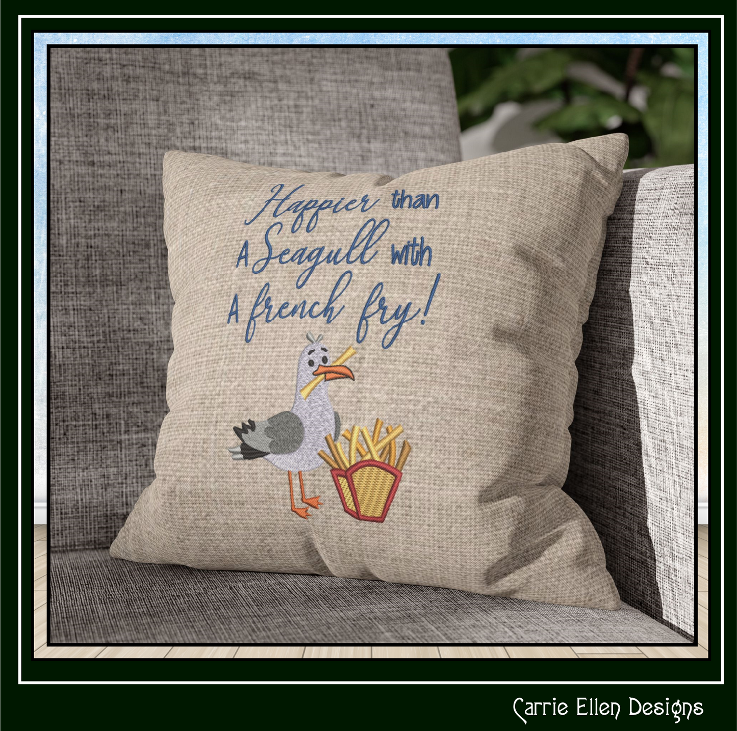 Happy Seagull with French Fry Machine Embroidery Design | Snarky Seaside Bird Saying, 6 Sizes (3688)