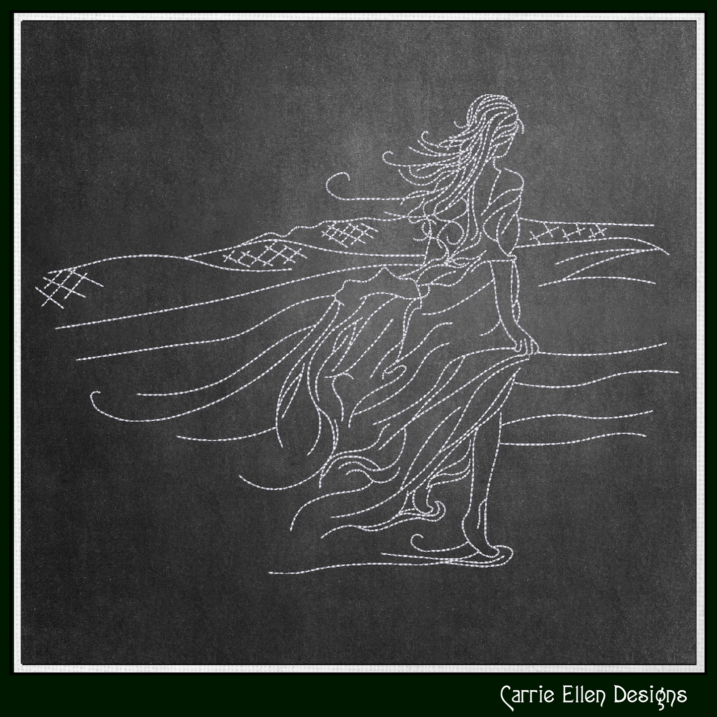 Windy Beach Walk Sketch Embroidery Design | Coastal Line Art Machine Stitch Pattern | 6 Sizes (3695)