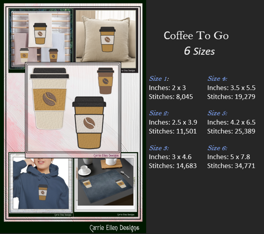 To Go Coffee Cup Machine Embroidery Design | Fun Coffee Lovers Stitch Pattern (3780)