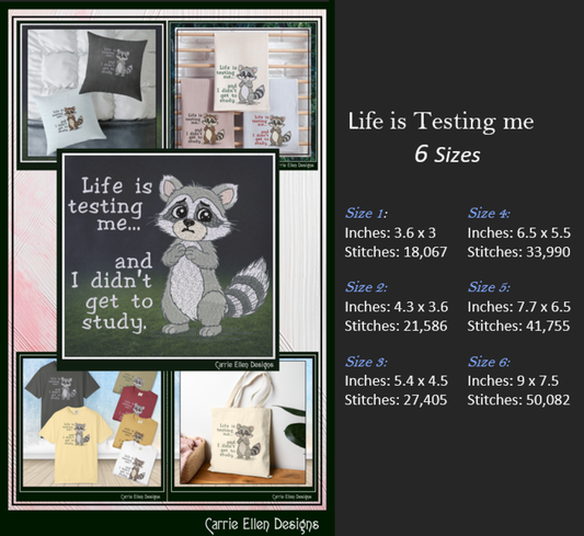 Life Is Testing Me Machine Embroidery Design | Funny Raccoon Quote Stitch File, 6 Sizes (3829)