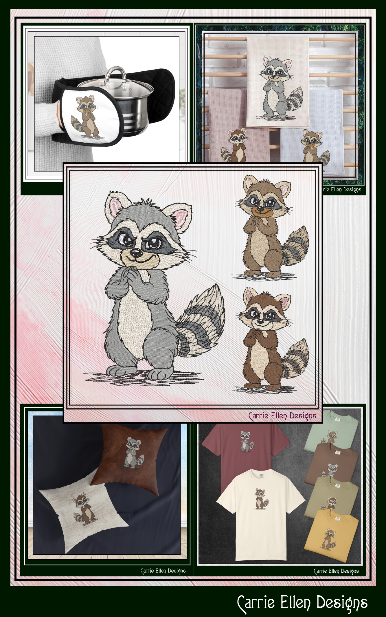 Cute Raccoon Machine Embroidery Design Bundle | 5 Woodland Raccoon Stitch Files, 6 Sizes (4146)
