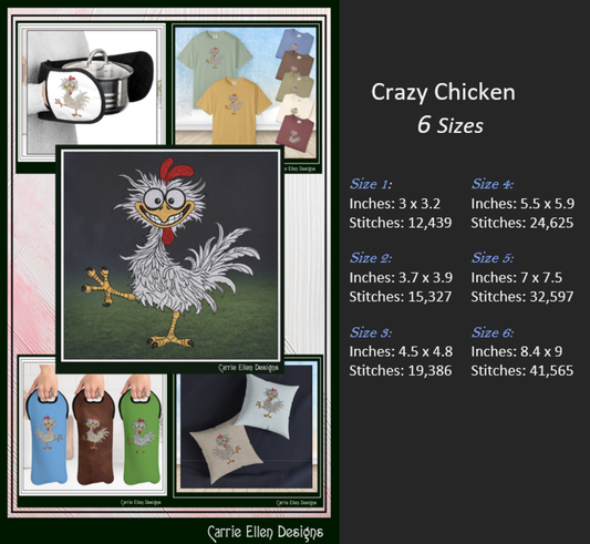 Crazy Chicken Machine Embroidery Design | Funny Cartoon Rooster Stitch File, 6 Sizes (3841)