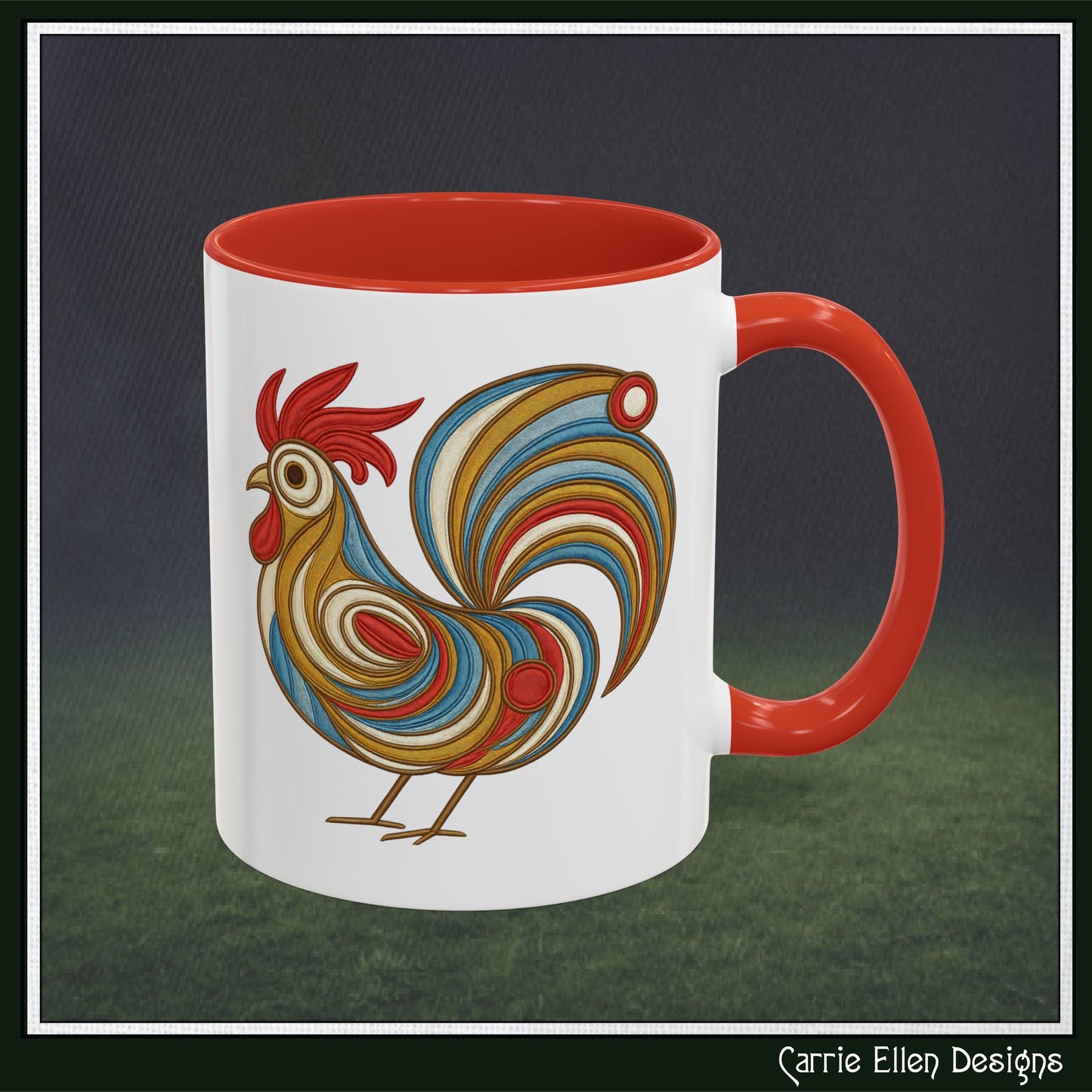 Colorful Rooster Accent Coffee Mug – Abstract Farmhouse Animal Embroidery Styled Print | 11oz & 15oz Ceramic (P-6081)