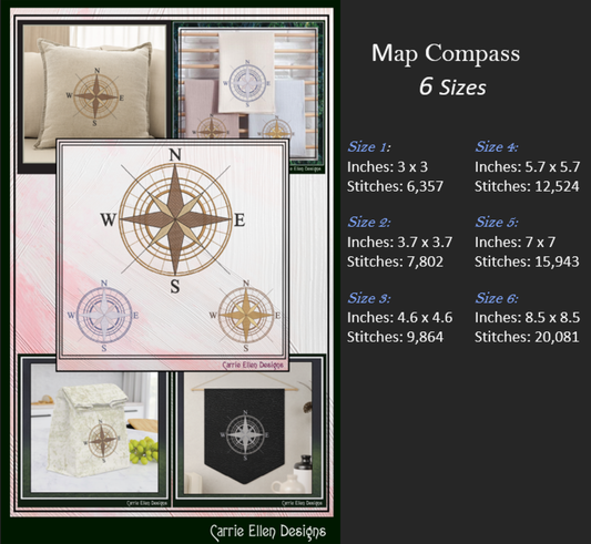 Compass Rose Machine Embroidery Design | Nautical Map Compass Stitch File, 6 Sizes (3993)