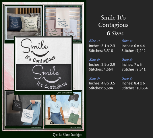 Smile It’s Contagious Machine Embroidery Design | Inspirational Quote Stitch File, 6 Sizes (3995)