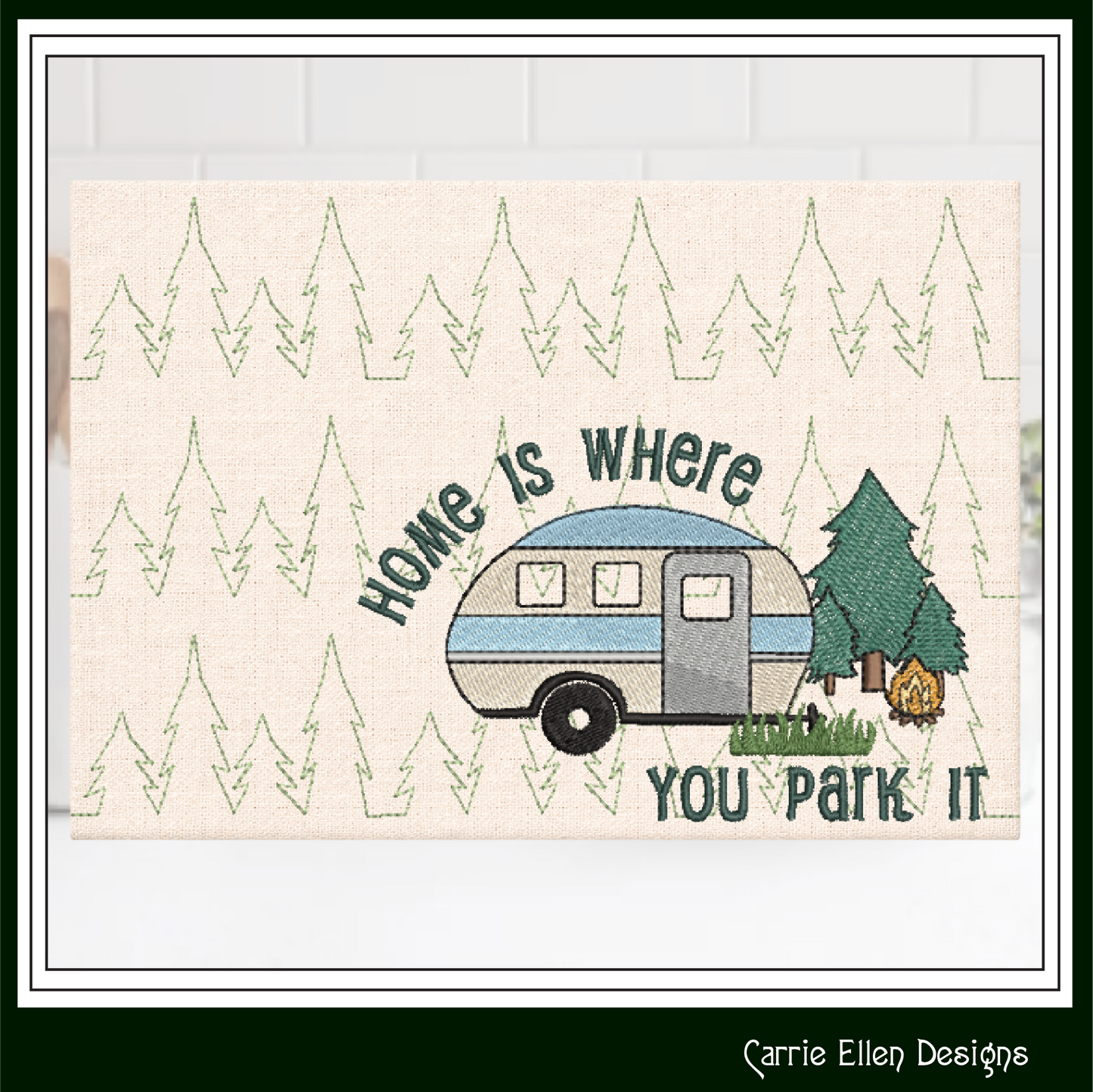 Camping Theme ITH Mug Rug Machine Embroidery Design | Home Is Where You Park In The Hoop Project (4011)