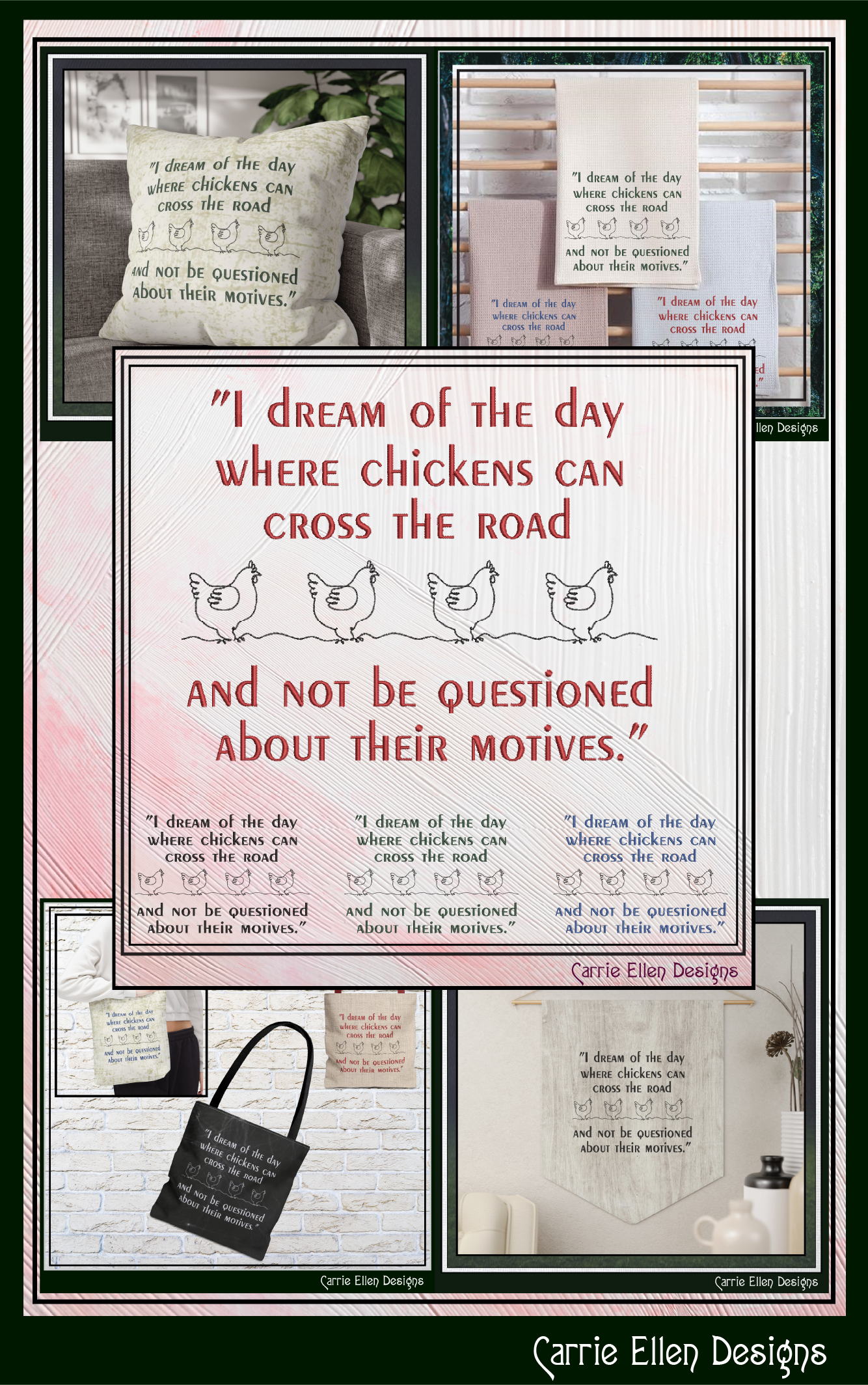 I Dream of the Day Chickens Cross the Road Machine Embroidery Design | Funny Chicken Quote Stitch File, 6 Sizes (4015)