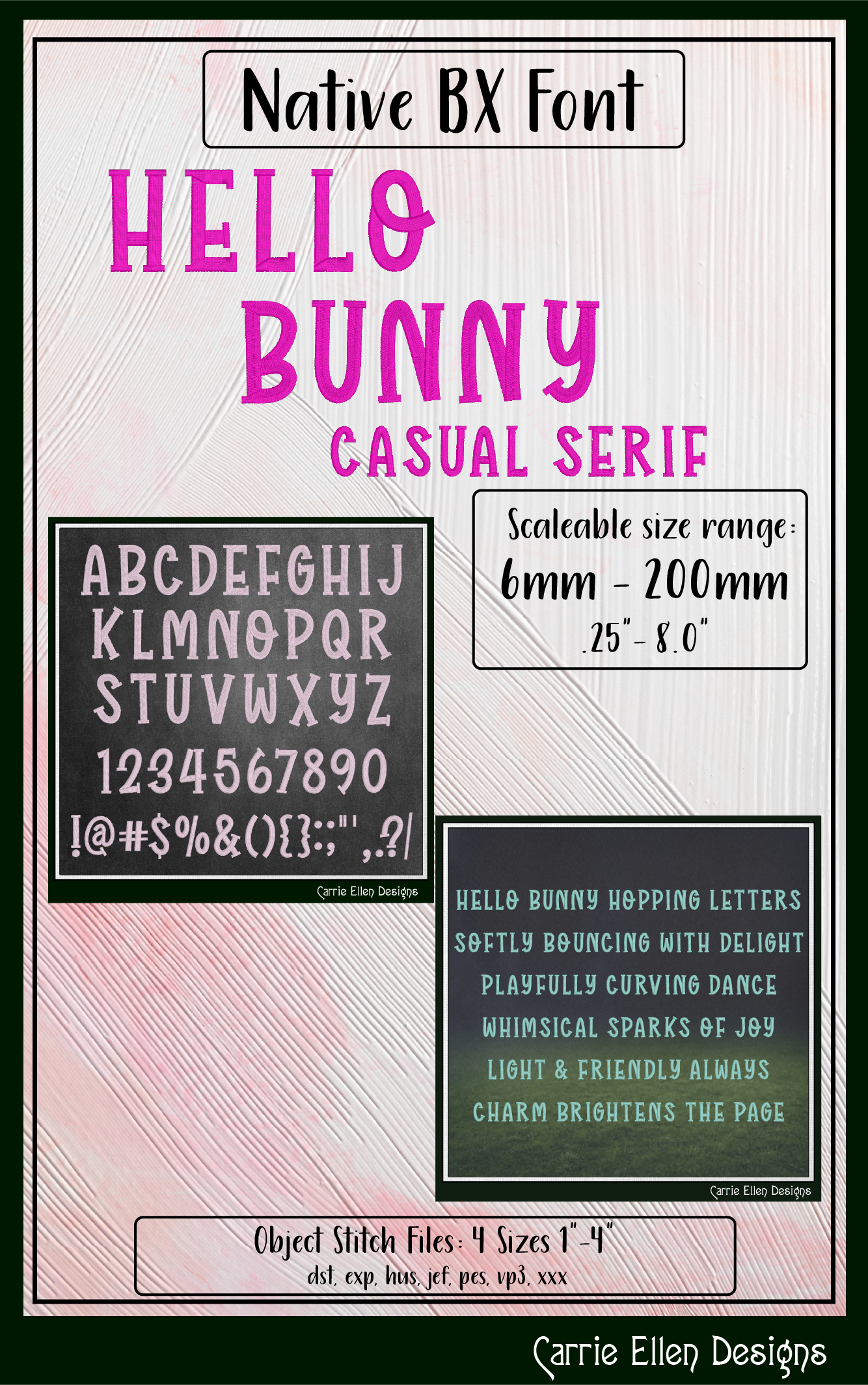 Hello Bunny Casual Serif BX Font & Lettering Stitch Files |Native Embrilliance Machine Embroidery Font (4022)