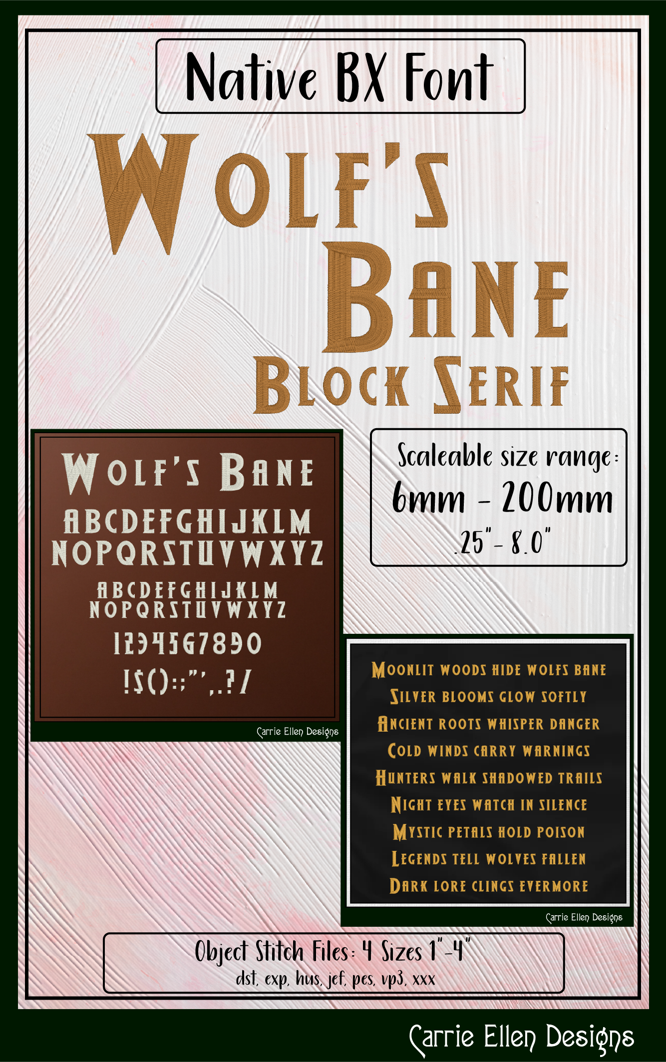 Wolf’s Bane Block Serif BX Font & Lettering Stitch Files | Native Embrilliance Machine Embroidery Font (4068)