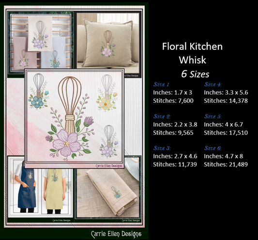 Floral Kitchen Whisk Machine Embroidery Design | Baking Whisk with Flowers Stitch File, 6 Sizes (4109)