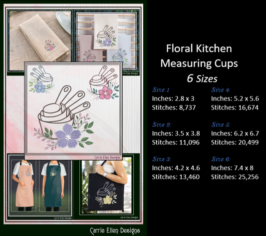 Floral Measuring Cups Machine Embroidery Design | Baking Cups with Flowers Stitch File, 6 Sizes (4110)