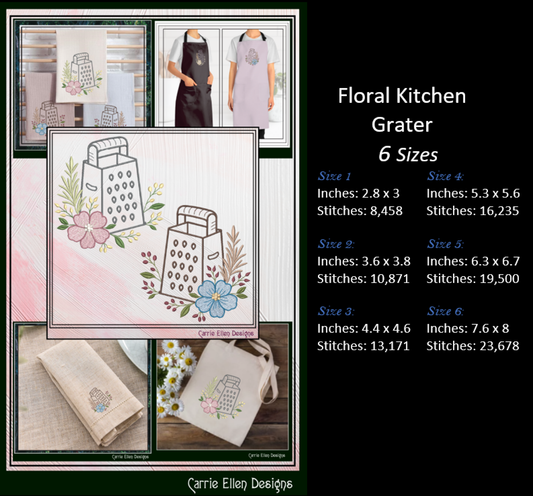 Floral kitchen grater embroidery design with size specifications and product images.