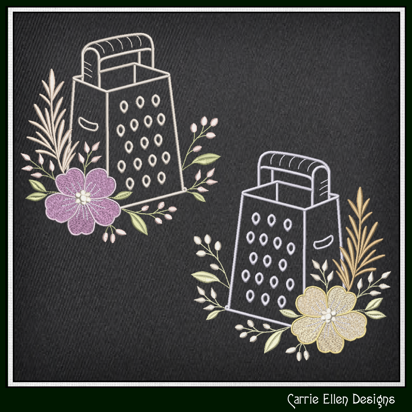 Two grater illustrations with flowers on a black background, featuring Carrie Ellen Designs.