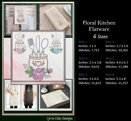 Floral kitchen flatware design with size specifications and product images on a black background.