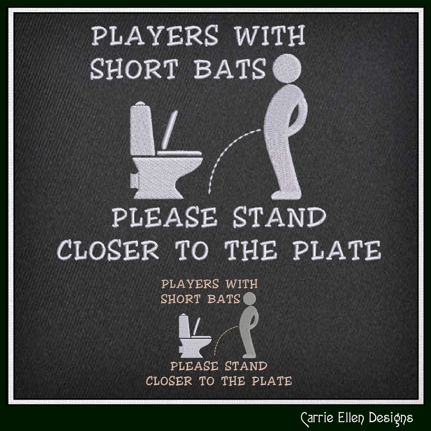 Funny bathroom machine embroidery design featuring the quote "Players With Short Bats Please Stand Closer To The Plate." Perfect for guest bathrooms, novelty gifts, and restroom décor.
Funny bathroom machine embroidery design featuring a toilet humor quote with restroom-themed artwork and snarky adult humor.