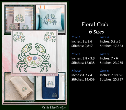 Floral Crab Machine Embroidery Design | Botanical Crab Coastal Sea Life Nautical Floral Digital Download, 6 Sizes, (4130)