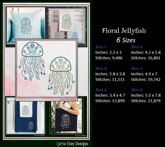 Floral Jellyfish Machine Embroidery Design | Botanical Jellyfish Stitch File | Ocean Sea Life Coastal Floral Digital Download, 6 Sizes, (4132)