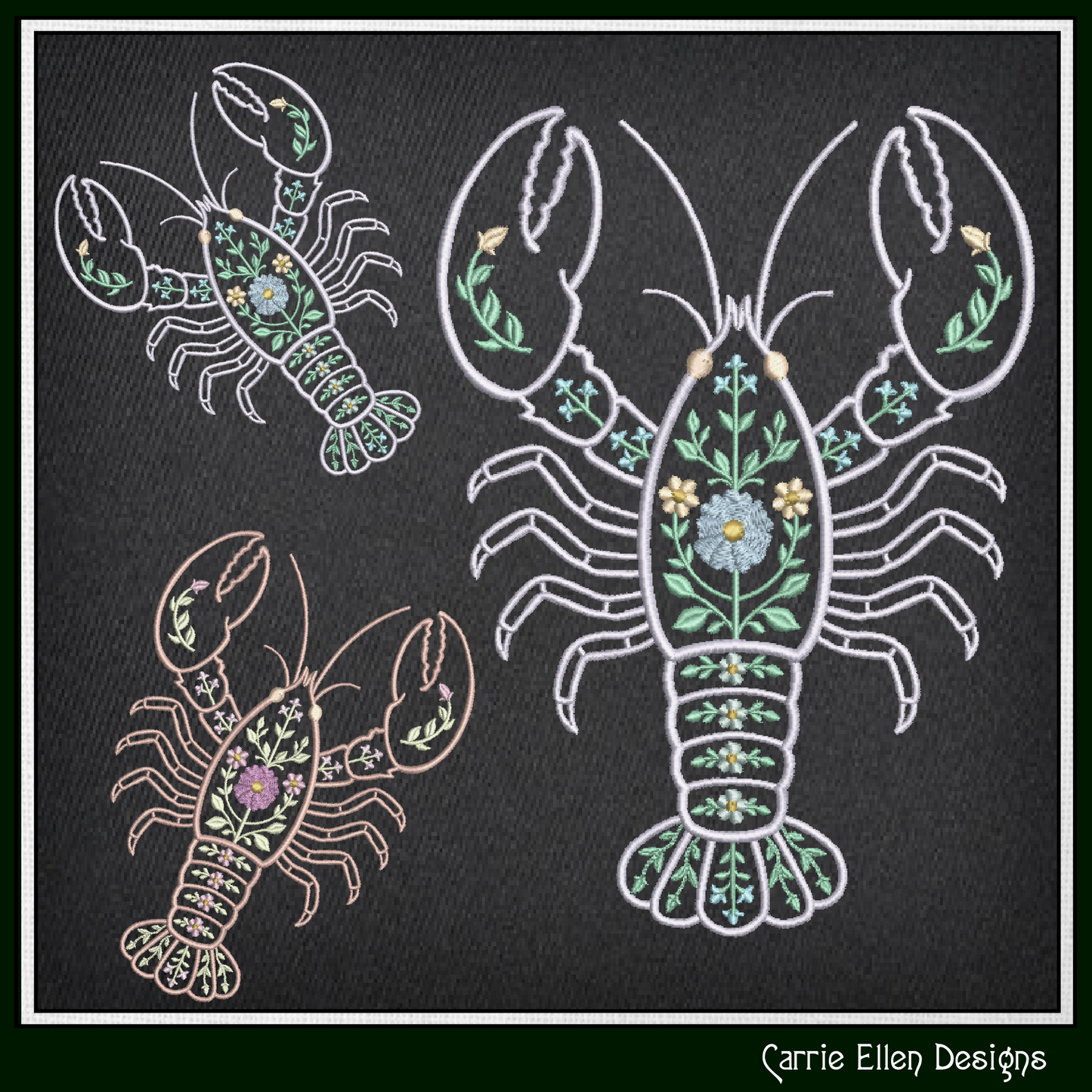 Floral Lobster Machine Embroidery Design | Coastal Sea Life Embroidery Pattern | Nautical Floral Digital Download, 6 Sizes, (4133)