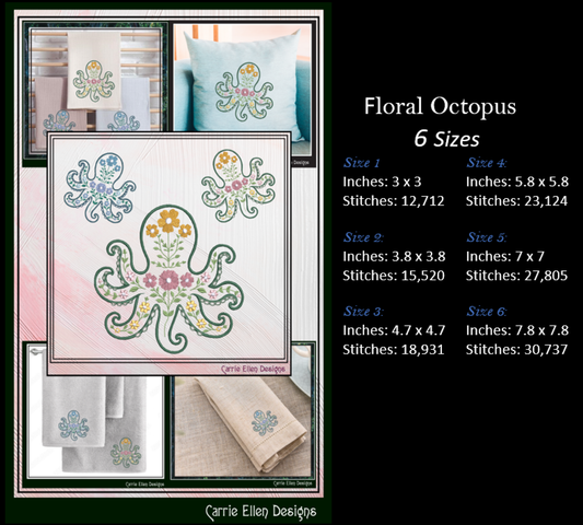 Floral Octopus Machine Embroidery Design | Botanical Octopus Stitch File | Ocean Sea Life Embroidery Pattern, 6 Sizes, (4134)