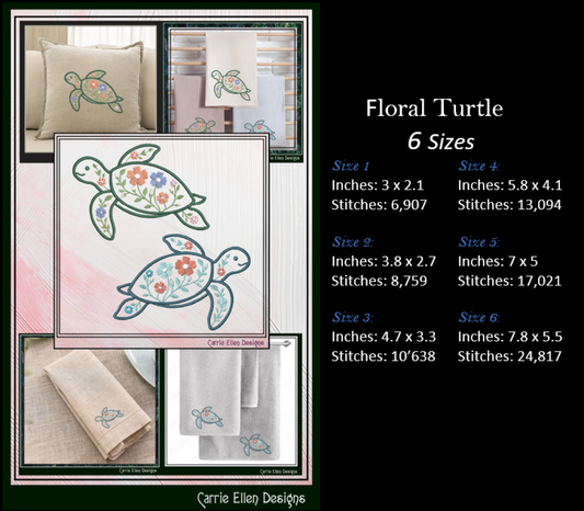 Floral Turtle Machine Embroidery Design | Sea Turtle with Flowers | Coastal Nautical Stitch File, 6 Sizes, (4140)